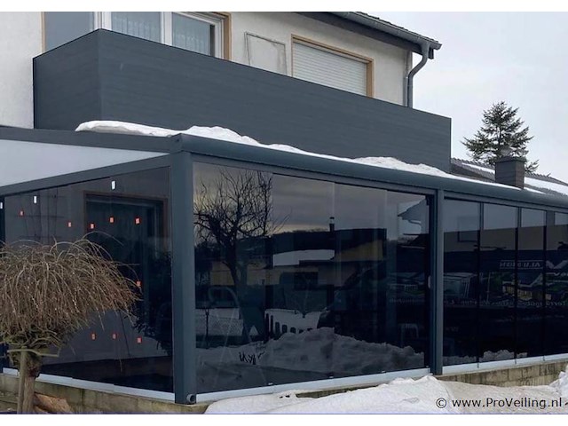 Compleet glazen schuifdeursysteem 6 deurs, veiligheidsglas 10 mm, 6030 mm breed, 6 stuks deuren 1030 mm 2400 mm hoog, mat zwart ral 9005 - afbeelding 1 van  14