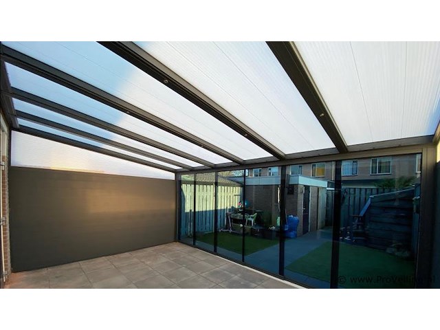 Compleet glazen schuifdeursysteem 7 deurs, veiligheidsglas 10 mm, 5660 mm breed, 7 stuks deuren 820 mm 2600 mm hoog, antraciet ral 7016 - afbeelding 12 van  14