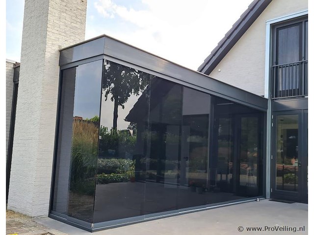 Compleet glazen schuifdeursysteem 7 deurs, veiligheidsglas 10 mm, 6120 mm breed, 7 stuks deuren 900 mm 2400 mm hoog, mat zwart ral 9005 - afbeelding 7 van  14