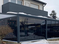 Compleet glazen schuifdeursysteem 7 deurs, veiligheidsglas 10 mm, 6120 mm breed, 7 stuks deuren 900 mm 2250 mm hoog, antraciet ral 7016 - afbeelding 1 van  14