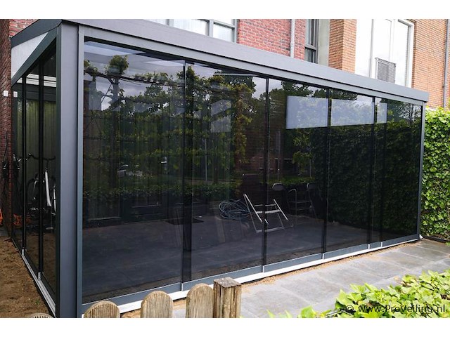 Compleet glazen schuifdeursysteem 7 deurs, veiligheidsglas 10 mm, 6120 mm breed, 7 stuks deuren 900 mm 2250 mm hoog, antraciet ral 7016 - afbeelding 11 van  14