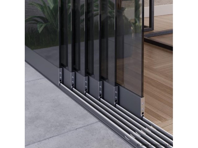 Compleet glazen schuifdeursysteem 7 deurs, veiligheidsglas 10 mm, 7030 mm breed, 7 stuks deuren 1030 mm 2000 mm hoog, antraciet ral 7016 - afbeelding 5 van  14