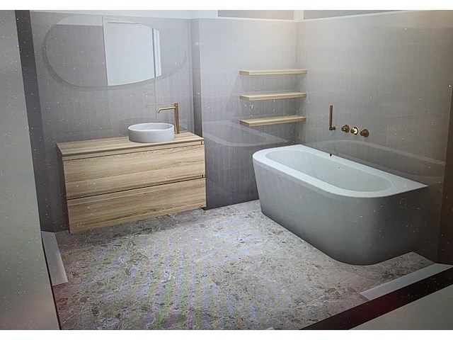 Complete luxe badkamer- en toiletruimtes (4 ruimtes), ca. 62 m² tegelwerk – geberit/neolith/ivy/dolphin - afbeelding 1 van  35