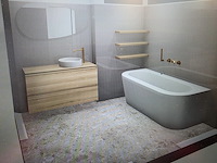 Complete luxe badkamer- en toiletruimtes (4 ruimtes), ca. 62 m² tegelwerk – geberit/neolith/ivy/dolphin
