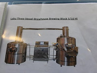 Complete mini brouwerijopstelling bestaande uit brouwhuis, 8 gistingstanks (deels gevuld), bottellijn, pomp... combinatiekavel - afbeelding 8 van  14