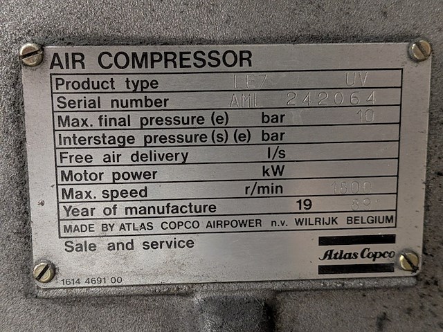 Compressor atlas copco, le7 uv, bouwjaar 1989 - afbeelding 8 van  8