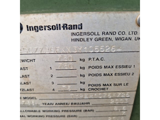Compressor mobiel, ingersoll-rand, typer1075f726, 2003 - afbeelding 10 van  23