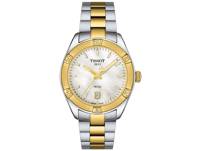 Dameshorloge tissot, t101.910.22.111.00 pr 100 sport chic 36mm, zilver / goudkleurig / wit parelmoer - afbeelding 1 van  3