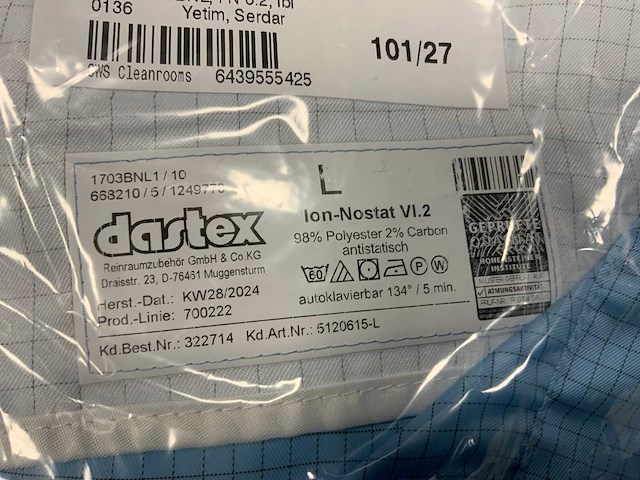 Dastex ion-nostat vi.2 cleanroom werkjas (128x) - afbeelding 4 van  5
