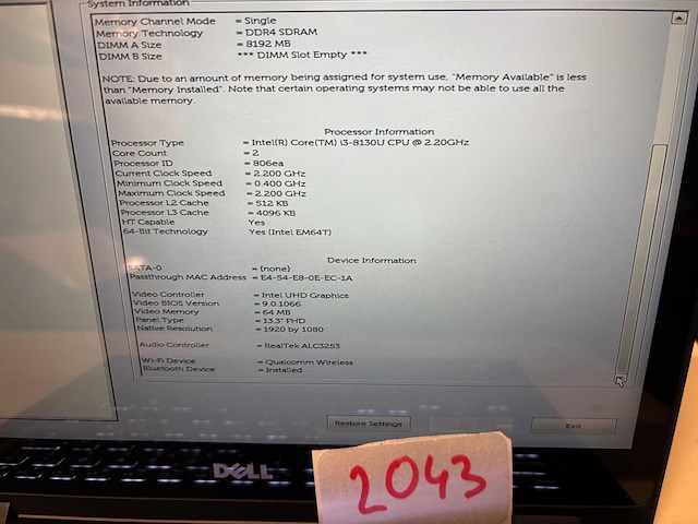 Dell intel(r) core(tm) i3-8130u cpu @ 2.20ghz - afbeelding 3 van  4