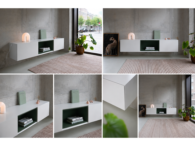Design tv-meubel met onderstel, raat, loef ov | 165, wit/groen, staand of zwevend - afbeelding 3 van  3