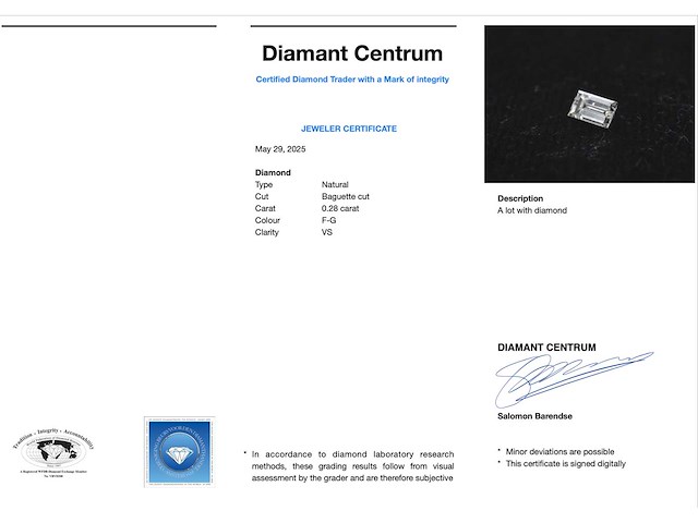 Diamant - 0.28 carat echte baguette geslepen diamant (gecertificeerd) - afbeelding 3 van  3
