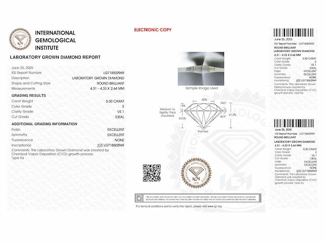 Diamant - 0.30 carat briljant geslepen diamant (gecertificeerd) - afbeelding 4 van  4