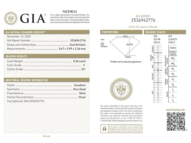 Diamant - 0.36 carat ovaal geslepen diamant (gecertificeerd) - afbeelding 3 van  5