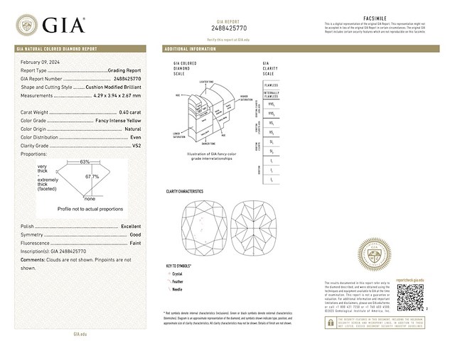 Diamant - 0.40 carat fancy geel kussenvorm geslepen diamant met een gia certificaat (gecertificeerd) - afbeelding 3 van  5