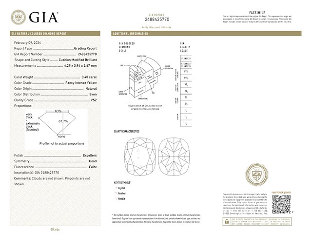 Diamant - 0.40 carat fancy geel kussenvorm geslepen diamant met een gia certificaat (gecertificeerd) - afbeelding 3 van  3