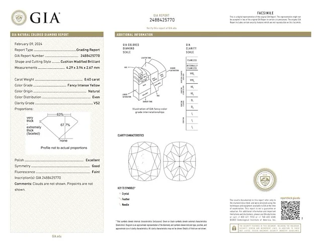 Diamant - 0.40 carat fancy geel kussenvorm geslepen diamant met een gia certificaat (gecertificeerd) - afbeelding 3 van  5