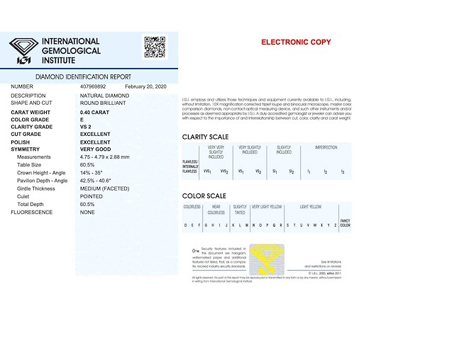 Diamant - 0.40 carat natuurlijke briljant geslepen diamant (gecertificeerd) - afbeelding 3 van  5