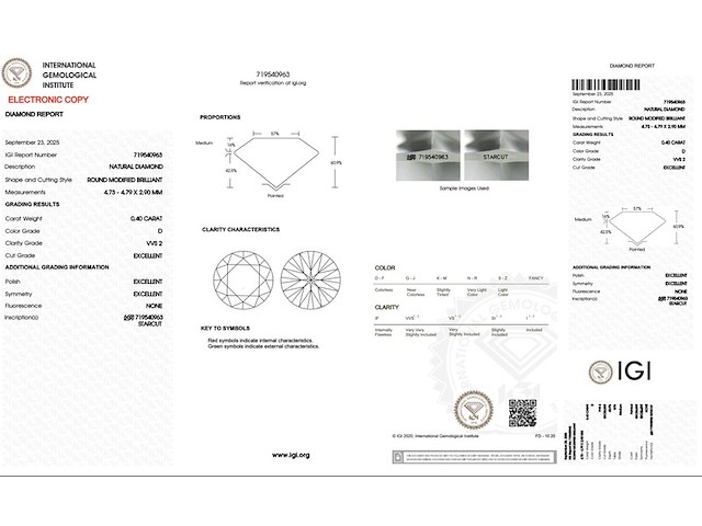 Diamant - 0.40 carat natuurlijke starcut briljant geslepen diamant (gecertificeerd) - afbeelding 3 van  5