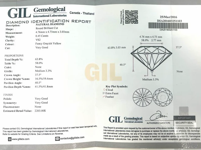 Diamant - 0.45 carat natuurlijke diamant rond briljant geslepen - afbeelding 5 van  7