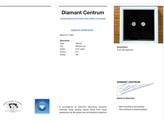 Diamant - 0.47 carat echte natuurlijke diamanten (gecertificeerd) - afbeelding 1 van  1