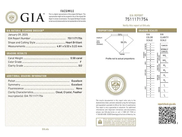 Diamant - 0.50 carat hart vorm geslepen diamant met een gia certificaat (gecertificeerd) - afbeelding 3 van  5