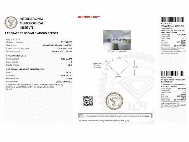 Diamant - 0.50 carat ovaal geslepen geslepen diamant (gecertificeerd) - afbeelding 3 van  4