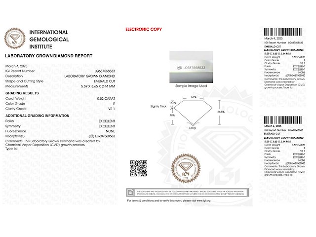 Diamant - 0.52 carat emerald geslepen diamant (gecertificeerd) - afbeelding 4 van  4