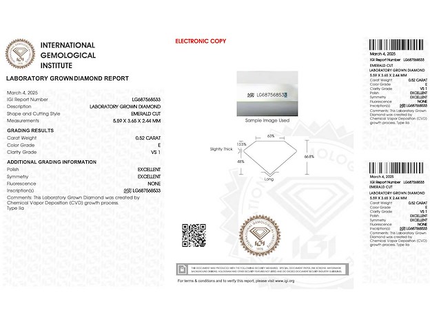 Diamant - 0.52 carat emerald geslepen diamant (gecertificeerd) - afbeelding 2 van  4
