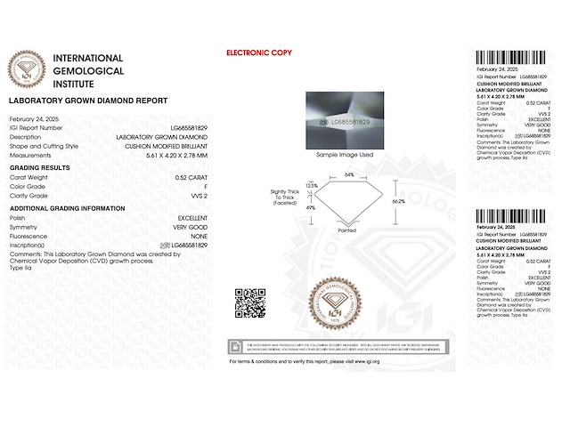 Diamant - 0.52 carat kussenvorm geslepen diamant (gecertificeerd) - afbeelding 2 van  3