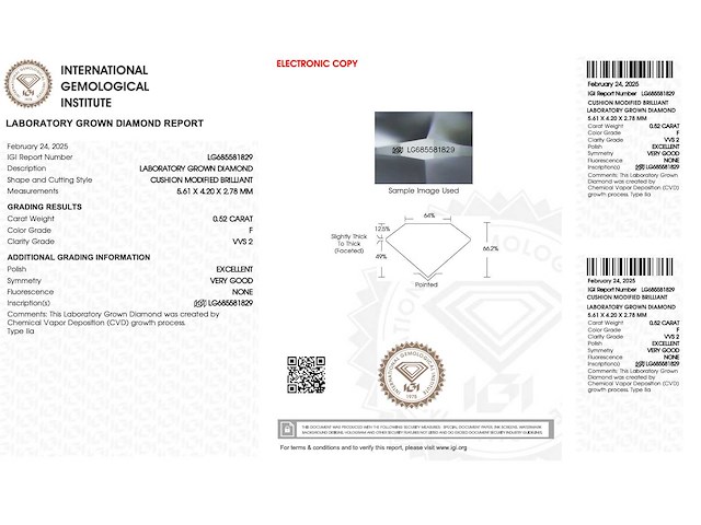Diamant - 0.52 carat kussenvorm geslepen diamant (gecertificeerd) - afbeelding 3 van  3