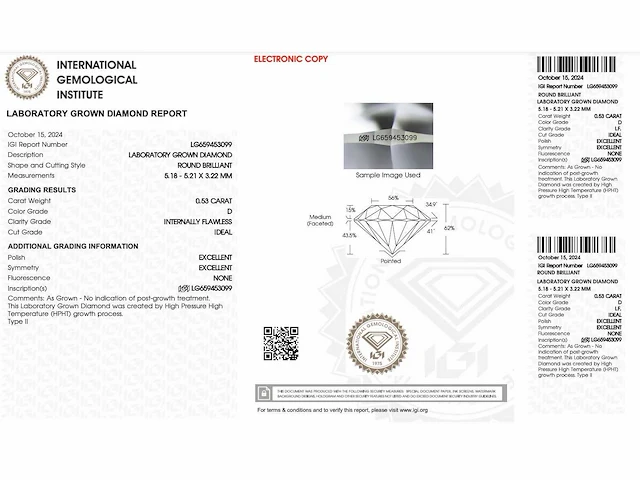 Diamant - 0.53 carat briljant geslepen diamant (gecertificeerd) - afbeelding 3 van  4