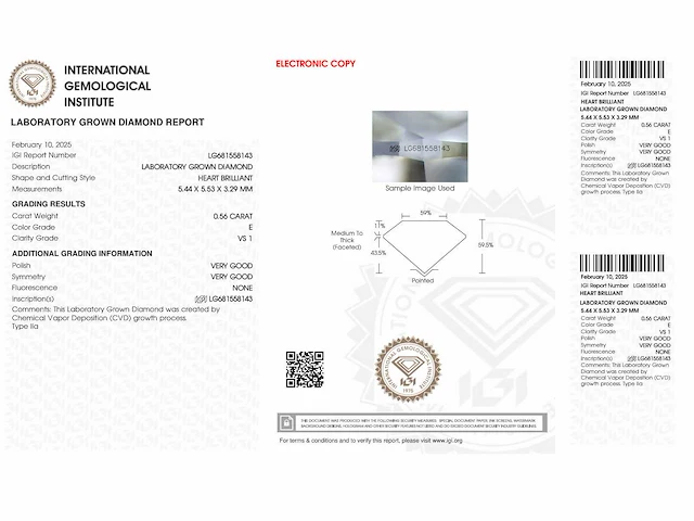 Diamant - 0.56 carat hart vorm geslepen diamant (gecertificeerd) - afbeelding 4 van  4