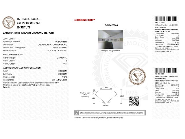 Diamant - 0.59 carat hart vorm geslepen diamant (gecertificeerd) - afbeelding 3 van  4