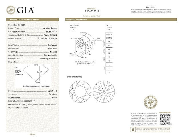 Diamant - 0.69 carat roze briljant geslepen diamant met een gia certificaat (gecertificeerd) - afbeelding 3 van  5