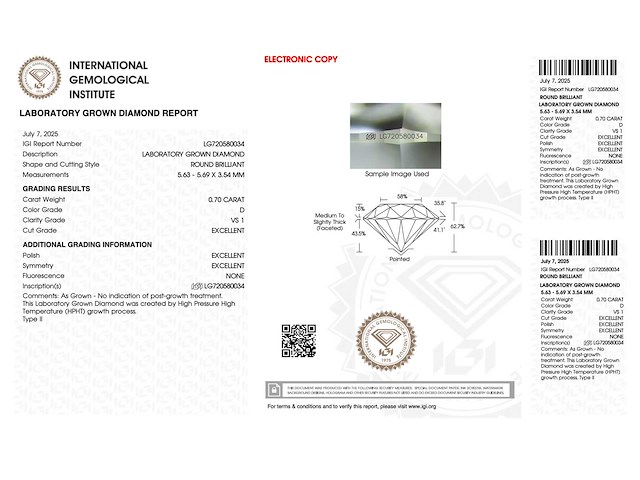 Diamant - 0.70 carat briljant geslepen diamant (gecertificeerd) - afbeelding 3 van  4