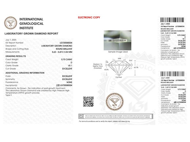 Diamant - 0.70 carat briljant geslepen diamant (gecertificeerd) - afbeelding 4 van  4