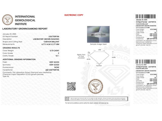 Diamant - 0.70 carat kussenvorm geslepen diamant (gecertificeerd) - afbeelding 4 van  4