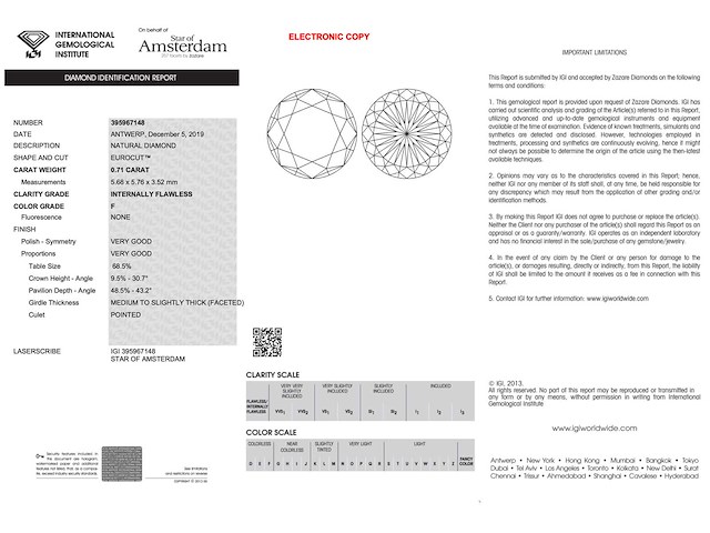 Diamant - 0.71 carat echte natuurlijke "star of amsterdam" diamant (gecertificeerd) - afbeelding 3 van  4