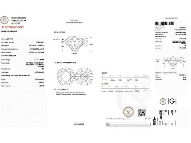 Diamant - 0.73 carat natuurlijke fancy colour briljant geslepen diamant (gecertificeerd) - afbeelding 2 van  2