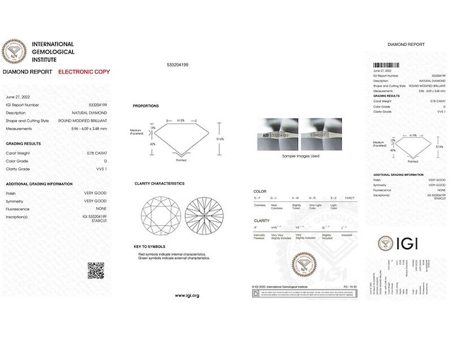 Diamant - 0.78 carat natuurlijke starcut briljant geslepen diamant (gecertificeerd) - afbeelding 3 van  5