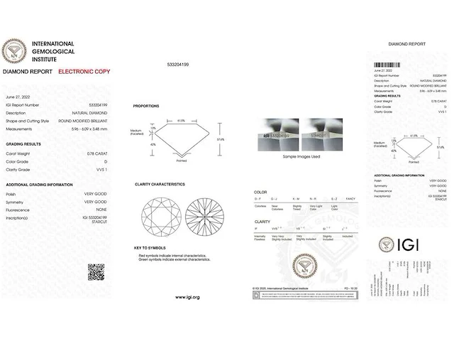 Diamant - 0.78 carat natuurlijke starcut briljant geslepen diamant (gecertificeerd) - afbeelding 3 van  5