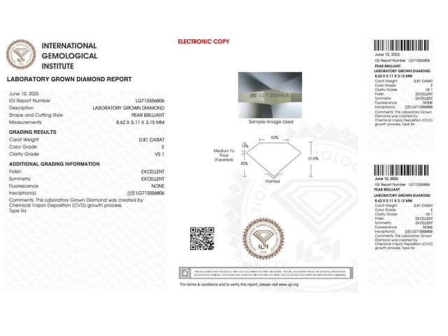 Diamant - 0.81 carat pear vorm geslepen diamant (gecertificeerd) - afbeelding 3 van  4