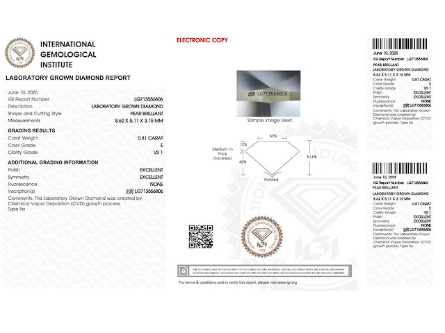 Diamant - 0.81 carat pear vorm geslepen diamant (gecertificeerd) - afbeelding 4 van  4