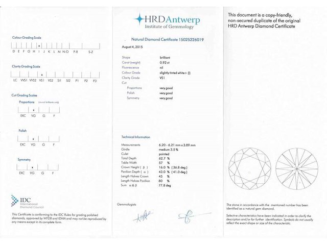 Diamant - 0.92 carat natuurlijke diamant (gecertificeerd) - afbeelding 3 van  5