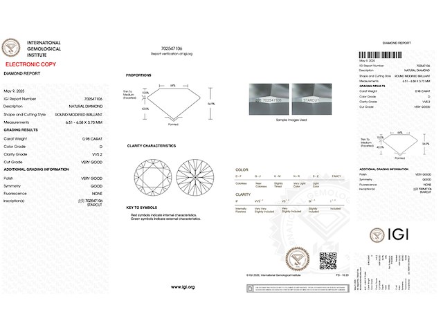 Diamant - 0.98 carat natuurlijke starcut briljant geslepen diamant (gecertificeerd) - afbeelding 3 van  5