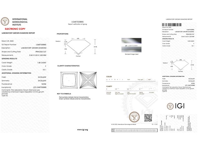 Diamant - 1.00 carat prinses geslepen diamant (gecertificeerd) - afbeelding 3 van  4