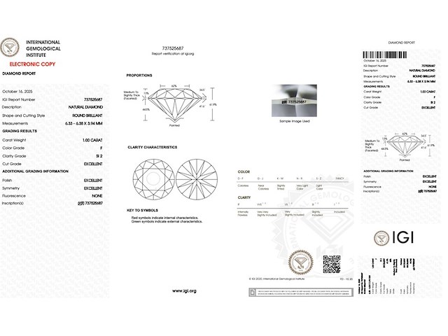 Diamant - 1.00 carat rond geslepen diamant (gecertificeerd) - afbeelding 3 van  5