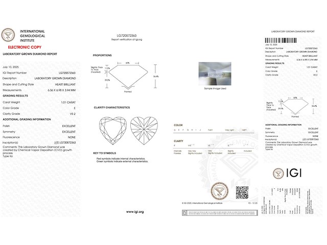 Diamant - 1.01 carat hart vorm geslepen diamant (gecertificeerd) - afbeelding 3 van  4