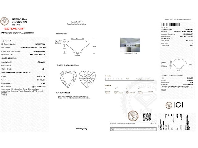 Diamant - 1.01 carat hart vorm geslepen diamant (gecertificeerd) - afbeelding 4 van  4